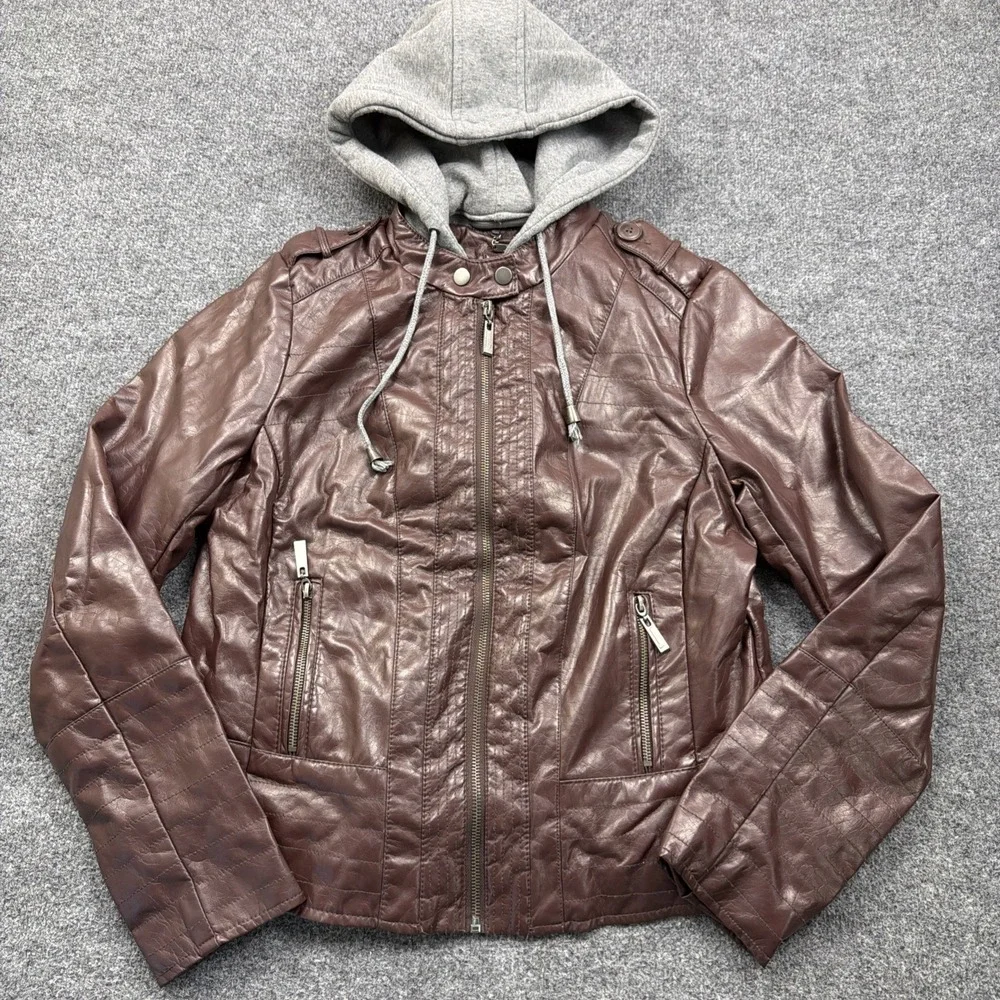 J2 Women's Large Brown‎ Faux Leather Fur Hooded Fashion Jacket Fur Lining